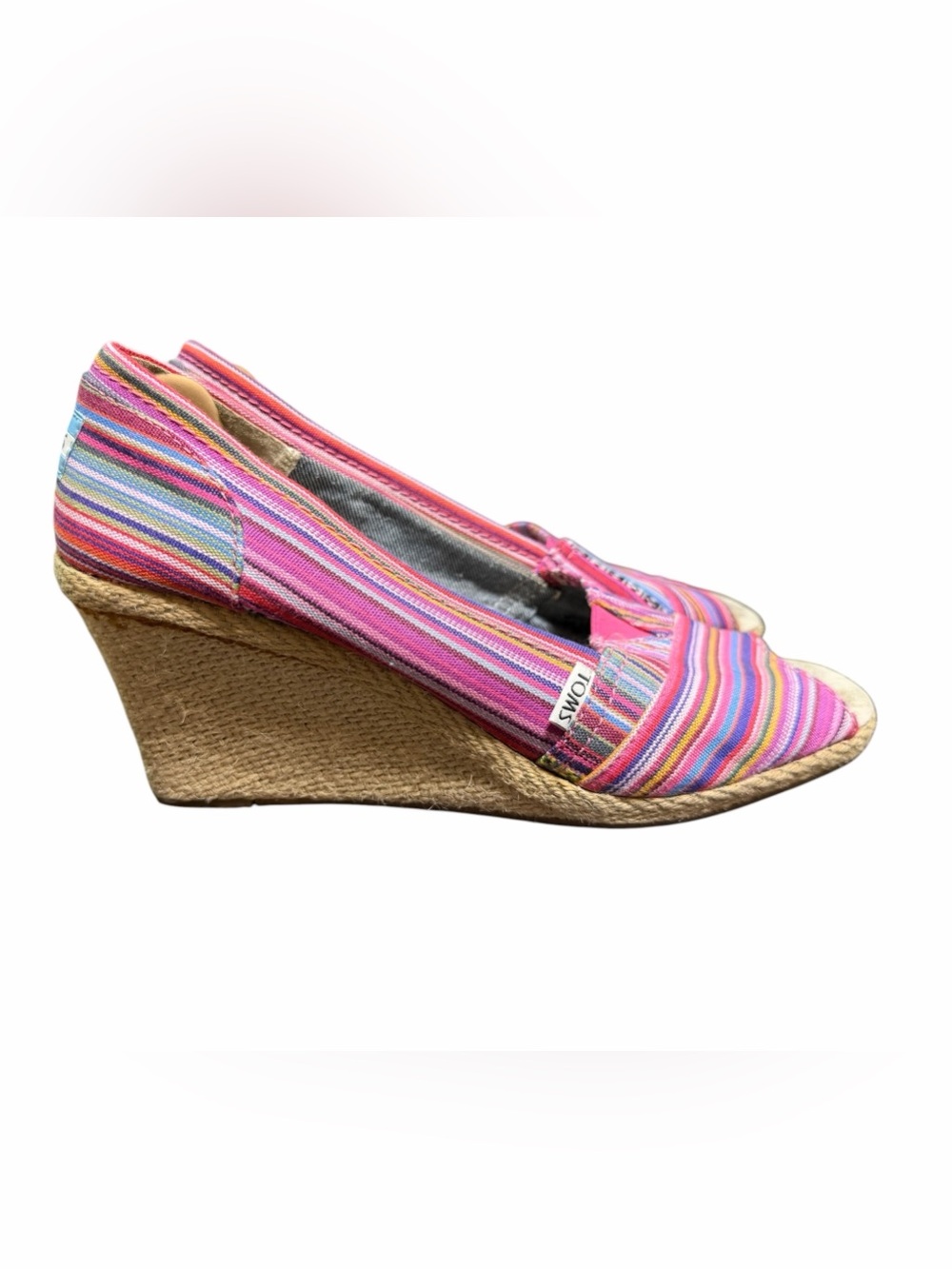 TOMS Women’s 12 Multicolor Striped Peep Toe Espadrille Wedge Shoes Pink